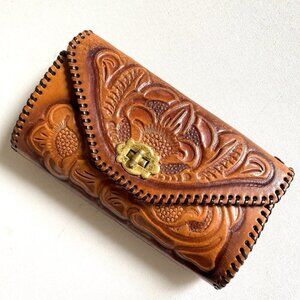 Vintage  Hand Tooled Leather Small Boho Clutch